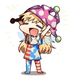 Rule 34 | 1girl, american flag dress, american flag legwear, american flag shirt, arms up, bad id, bad twitter id, blonde hair, clownpiece, commentary request, closed eyes, fairy wings, hat, jester cap, lowres, open mouth, ori (yellow duckling), pantyhose, solo, touhou, wings