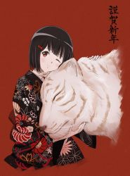 Rule 34 | 1girl, animal, black hair, black kimono, blush, bow, closed mouth, cuvier3240, floral print, gekijouban hibike! euphonium, hair bow, hibike! euphonium, highres, hisaishi kanade, japanese clothes, kimono, long sleeves, looking at viewer, new year, obi, one eye closed, red background, red bow, red eyes, sash, short hair, simple background, smile, tiger