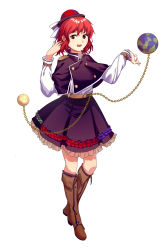 Rule 34 | 1girl, absurdres, alternate costume, arms up, belt, black hat, boots, brown belt, brown footwear, buttons, chain, earth (ornament), frills, full body, furahata gen, hat, hecatia lapislazuli, highres, long sleeves, moon (ornament), purple skirt, red eyes, red hair, shirt, short hair, simple background, skirt, solo, standing, touhou, white background, white shirt