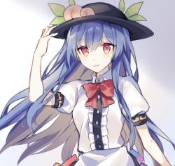 Rule 34 | 1girl, bad id, bad pixiv id, black headwear, blouse, blue hair, blush, bow, bowtie, center frills, commentary request, food, frills, fruit, grey background, hair between eyes, hand up, hinanawi tenshi, leaf, long hair, looking at viewer, parted lips, partial commentary, peach, puffy short sleeves, puffy sleeves, raka (cafe latte l), red bow, red bowtie, red eyes, shirt, short sleeves, smile, solo, touhou, upper body, white shirt