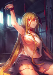 Rule 34 | 1girl, absurdly long hair, alternate breast size, alternate hair length, alternate hairstyle, arm up, black skirt, blonde hair, breasts, ex-rumia, hair ribbon, highres, indoors, large breasts, light rays, long hair, melon22, navel, aged up, on floor, parted lips, red eyes, restrained, ribbon, rumia, shirt, sitting, skirt, solo, torn clothes, torn shirt, torn skirt, touhou, underboob, very long hair, white shirt