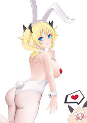Rule 34 | 1girl, animal ears, ass, barbara (genshin impact), bare shoulders, blonde hair, blue eyes, blush, breasts, breasts out, covered erect nipples, detached collar, fake animal ears, from behind, genshin impact, heart, heart pasties, highres, large breasts, leaning forward, leg up, leotard, long hair, looking at viewer, looking back, mask, pantyhose, pasties, playboy bunny, rabbit ears, rabbit tail, sideboob, simple background, solo focus, spoken heart, standing, standing on one leg, tail, toki to shishin, twintails, white background, white leotard, white pantyhose, wrist cuffs