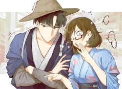 Rule 34 | 1boy, 1girl, black hair, blank speech bubble, blue eyes, blush, breasts, brown eyes, brown hair, closed mouth, commentary, crossed arms, english commentary, floral print, genshin impact, glasses, hat, highres, japanese clothes, kama (genshin impact), kimono, long sleeves, obi, sash, simple background, small breasts, sparkle, speech bubble, sumida (genshin impact), tasuki, twitter username, upper body, wagatomoya, wide sleeves