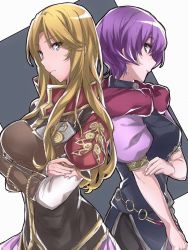 Rule 34 | 2girls, aiueo1234853, back-to-back, bad id, bad twitter id, blonde hair, blue eyes, clarisse (fire emblem), closed mouth, dress, elbow gloves, fingerless gloves, fire emblem, fire emblem: new mystery of the emblem, from side, gloves, highres, katarina (fire emblem), long hair, multiple girls, nintendo, purple hair, red scarf, scarf, short hair, short sleeves
