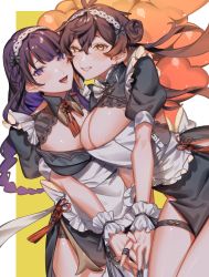 Rule 34 | 2girls, absurdres, apron, blush, braid, breasts, brown hair, cleavage, commentary request, crow 3434, earrings, frilled sleeves, frills, garter straps, genderswap, genderswap (mtf), genshin impact, gradient hair, highres, jewelry, lace, lace-trimmed panties, lace trim, large breasts, long hair, looking at viewer, maid, maid apron, maid headdress, mole, mole under eye, multicolored hair, multiple girls, open mouth, orange hair, panties, puffy sleeves, purple eyes, purple hair, raiden shogun, ribbon, simple background, single earring, skirt, sleeve cuffs, smile, tassel, tassel earrings, underwear, waist apron, white background, yellow background, yellow eyes, zhongli (genshin impact)