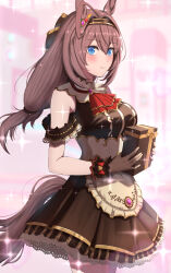 Rule 34 | 1girl, absurdres, ahoge, animal ears, ascot, blue eyes, blush, box, breasts, brown dress, brown hair, brown hairband, commentary, dress, from side, gift, gift box, hairband, highres, holding, holding box, holding gift, horse ears, horse girl, horse tail, large breasts, long hair, looking at viewer, looking to the side, mihono bourbon (code:glassage) (umamusume), mihono bourbon (umamusume), official alternate costume, red ascot, see-through gloves, sleeveless, sleeveless dress, smile, solo, tail, take978733141, umamusume, valentine