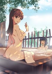 Rule 34 | 2girls, :d, absurdres, bath, bathing, black hair, blue sky, blunt bangs, blush, breasts, brown eyes, brown hair, closed mouth, cloud, cloudy sky, collarbone, commentary request, day, fence, from side, hair between eyes, hand up, highres, hime cut, kantai collection, kitakami (kancolle), long hair, looking at viewer, medium breasts, multiple girls, nude, onsen, ooi (kancolle), open mouth, outdoors, partially submerged, sayaka maria, shoulder blades, sidelocks, sitting, sky, smile, soaking feet, steam, towel, tree, wading, water, wet, white towel, wooden fence