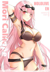 Rule 34 | 1girl, arm behind head, arm up, armlet, armpits, bare shoulders, bikini, black-framed eyewear, black bikini, blush, bracelet, breasts, character name, cleavage, closed mouth, commentary, contrapposto, copyright name, cowboy shot, english commentary, english text, eyewear on head, gem, glint, hair ornament, hairclip, hand in own hair, highres, hololive, hololive english, jewelry, large breasts, long hair, looking at viewer, mori calliope, navel, pink eyes, pink hair, rectangular eyewear, red gemstone, signature, smile, solo, spiked armlet, spiked bracelet, spikes, stomach, straight hair, sunglasses, swimsuit, thigh strap, very long hair, virtual youtuber, weyas kayur