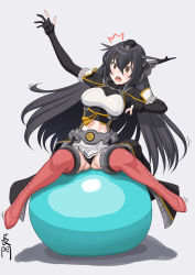 Rule 34 | 1girl, balancing, ball, black gloves, black hair, black panties, brown eyes, commentary request, elbow gloves, exercise ball, full body, gloves, headgear, highres, kantai collection, long hair, miniskirt, nagato (kancolle), nagato kai ni (kancolle), panties, partially fingerless gloves, pleated skirt, red thighhighs, sitting, skirt, solo, spread legs, t2r, thighhighs, underwear, white skirt