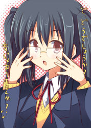 Rule 34 | 1girl, akane souichi, bad id, bad pixiv id, bespectacled, black hair, brown eyes, glasses, k-on!, long hair, nakano azusa, neck ribbon, red ribbon, ribbon, school uniform, solo, translation request, twintails