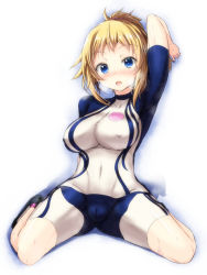 Rule 34 | 10s, 1girl, arm up, blonde hair, blue eyes, blush, bodysuit, breasts, breath, cameltoe, covered navel, covered erect nipples, full body, gin&#039;ichi (akacia), gundam, gundam build fighters, gundam build fighters try, heavy breathing, highres, hoshino fumina, impossible clothes, large breasts, nipples, open mouth, ponytail, smell, solo, sweat