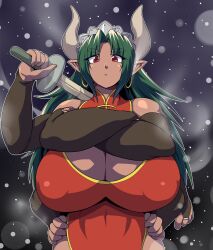Rule 34 | 1girl, black bridal gauntlets, breasts, bridal gauntlets, china dress, chinese clothes, cleavage, cleavage cutout, closed mouth, clothing cutout, covered erect nipples, crossed arms, dark-skinned female, dark green hair, dark skin, dress, earrings, extra arms, extra eyes, frown, futaba channel, hair intakes, hands on own hips, hoop earrings, horns, huge breasts, jewelry, kuma (kumahoihoi), long hair, looking at viewer, nijiura maids, pelvic curtain, red dress, red eyes, ring, shinai, shiyuu (nijiura maids), solo, straight-on, sword, weapon, white eyes