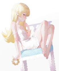 Rule 34 | 1girl, absurdres, bakemonogatari, bare legs, barefoot, blonde hair, blush, breasts, chair, collarbone, darr1o, doughnut, dress, dutch angle, eyelashes, feet, food, from side, full body, hand up, highres, holding, knees up, leaning back, legs, legs together, looking at viewer, monogatari (series), orange eyes, oshino shinobu, parted lips, pointy ears, shadow, shiny skin, short dress, sidelocks, sitting, small breasts, solo, strap slip, thighs, toenails, toes, white background, white dress