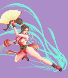 Rule 34 | 1girl, absurdres, breasts, brown hair, cleavage, fatal fury, highres, japanese clothes, leotard, ponytail, red leotard, shiranui mai, the king of fighters