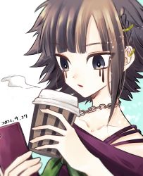 Rule 34 | 1girl, :o, bare shoulders, braid, chain, coffee, collarbone, cup, detached sleeves, ear piercing, eyeliner, hair ornament, highres, holding, holding cup, kimi ga shine, looking at phone, makeup, multicolored hair, open mouth, phone, piercing, satuya1014, shirt, sidelocks, solo, striped, yabusame reko