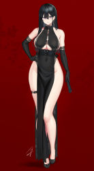 Rule 34 | 1girl, bare shoulders, black dress, black footwear, black gloves, black hair, blush, breasts, china dress, chinese clothes, closed mouth, clothing cutout, commentary request, dress, elbow gloves, full body, gloves, hair between eyes, hayabusa, high heels, highres, large breasts, long hair, long legs, looking at viewer, mole, mole on breast, mole under eye, mole under mouth, no bra, no panties, original, pelvic curtain, purple eyes, red background, revision, sideboob, skindentation, solo, thigh strap, underboob, underboob cutout, very long hair