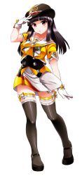 Rule 34 | 1girl, arm up, beatmania, beatmania iidx, black hair, black thighhighs, blunt bangs, blush, bow, bowtie, breasts, brown hat, collarbone, corset, eyebrows, female service cap, full body, gloves, gluteal fold, grey skirt, hat, highres, hinazuki ririna, large breasts, logo, looking at viewer, mary janes, pink eyes, sailor collar, salute, shift (waage), shirt, shoes, short sleeves, simple background, skirt, solo, striped bow, striped bowtie, striped clothes, striped neckwear, thigh strap, thighhighs, underbust, white background, white gloves, yellow shirt, zettai ryouiki