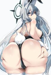 Rule 34 | 1girl, absurdres, alternate costume, animal ear fluff, ass, ass grab, bare shoulders, blue archive, blue eyes, breasts, closed mouth, commentary request, from behind, grabbing own ass, grey hair, halo, highres, leotard, long hair, looking back, medium breasts, nagisa (imizogami), nontraditional playboy bunny, shiroko (blue archive), shiroko terror (blue archive), simple background, solo, strapless, strapless leotard, tail, thighhighs, very long hair, white background, white thighhighs