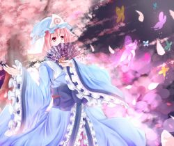 Rule 34 | 1girl, bad id, bad pixiv id, bug, butterfly, cherry blossoms, female focus, folding fan, hand fan, hat, highres, insect, japanese clothes, koruto21, obi, petals, pink eyes, pink hair, saigyouji yuyuko, sash, short hair, solo, touhou, triangular headpiece