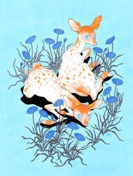 Rule 34 | 2others, animal, animal focus, blue background, blue eyes, blue flower, deer, fawn, fleebites, flower, highres, looking up, lying, multiple others, no humans, on ground, orange fur, original, plant, signature, simple background, traditional media, white fur