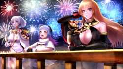 Rule 34 | 3girls, arm behind head, arm under breasts, azur lane, bad id, bad pixiv id, bismarck (azur lane), bismarck (beacon of the iron blood) (azur lane), black dress, blonde hair, blue eyes, blue hair, breasts, capelet, champagne flute, cleavage, cleavage cutout, clothing cutout, cup, detached sleeves, dress, drinking glass, fireworks, holding, holding cup, large breasts, against railing, long hair, medium hair, multiple girls, neconel, night, night sky, red eyes, short hair, sky, tirpitz (azur lane), tirpitz (iron blood snowstorm) (azur lane), u-556 (azur lane), upper body, white dress, white hair