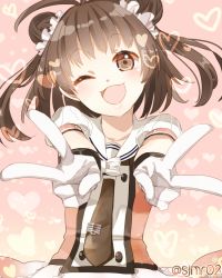 Rule 34 | 10s, bad id, bad twitter id, brown eyes, brown hair, double bun, gloves, heart, kantai collection, naka (kancolle), necktie, one eye closed, shijima (sjmr02), short hair, smile, solo, v