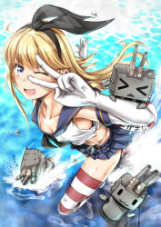 Rule 34 | 10s, 1girl, blonde hair, blue eyes, blush, breasts, downblouse, elbow gloves, foreshortening, ganari ryuu, gloves, hairband, kantai collection, long hair, microskirt, nipple slip, nipples, one eye closed, open mouth, rensouhou-chan, school uniform, serafuku, shimakaze (kancolle), skirt, small breasts, solo, standing, standing on liquid, striped clothes, striped thighhighs, thighhighs, v over eye, water, white gloves
