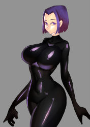 Rule 34 | 1girl, animification, bodysuit, breasts, dc comics, female focus, grey background, highres, large breasts, latex, latex suit, looking at viewer, purple eyes, purple hair, raven (dc), short hair, simple background, skin tight, solo, teen titans, wide hips, zxc