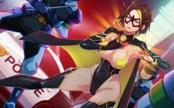 Rule 34 | 1girl, 3boys, armpits, arms up, black leotard, blue eyes, boots, breasts, butcha-u, cape, covered erect nipples, covered navel, curvy, domino mask, fighting, fighting stance, game cg, groin, highleg, highleg leotard, large breasts, legs, leotard, looking at another, mask, multicolored hair, multiple boys, night charger, original, outdoors, pasties, police, revealing clothes, sacrifice villains, serious, shiny skin, short hair, shrug (clothing), standing, thigh boots, thighs, thong leotard, two-tone hair, wide hips