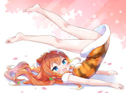 Rule 34 | 1girl, barefoot, blue eyes, cherry blossoms, feet, highres, legs over head, light blush, long hair, looking at viewer, open mouth, orange hair, soles, toes