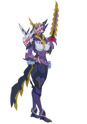 Rule 34 | 1girl, absurdres, armor, asymmetrical armor, breasts, catball1994, clawed gauntlets, dragon, dragon horns, fake horns, full armor, garter straps, gauntlets, genderswap, genderswap (mtf), gold trim, helmet, highres, holding, holding sword, holding weapon, horned helmet, horns, kamen rider, kamen rider calibur, kamen rider saber (series), large breasts, looking to the side, pauldrons, purple armor, red eyes, sabaton, sharp teeth, shoulder armor, shoulder spikes, silver trim, single horn, solo, spiked armor, spiked gauntlets, spiked helmet, spikes, standing, sword, teeth, thick thighs, thighs, tokusatsu, visor, weapon, white background, wide hips