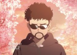 Rule 34 | 1boy, anime screenshot, bad bunny, beard, black hair, black hoodie, cherry blossoms, curly hair, earrings, facial hair, foreground text, frown, hood, hood down, hoodie, jewelry, male focus, nose piercing, nose ring, official art, petals, piercing, real life, sky, solo, sunglasses, third-party source, upper body