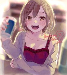 Rule 34 | 1girl, asagao minoru, backlighting, bare shoulders, blurry, blurry background, bokeh, bottle, breasts, brown cardigan, brown eyes, brown hair, camisole, can, cardigan, character name, cleavage, clenched hand, collarbone, dated, depth of field, dot nose, dutch angle, elbow rest, fingernails, hair behind ear, hand up, happy, happy birthday, holding, holding can, indoors, lace-trimmed camisole, lace trim, light blush, looking at viewer, medium breasts, meiko (vocaloid), nail polish, open cardigan, open clothes, open mouth, red camisole, red nails, short hair, signature, sleeves past wrists, solo, spaghetti strap, teeth, upper body, upper teeth only, vocaloid