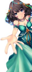 Rule 34 | 10s, 1girl, bare shoulders, blue eyes, blush, breasts, brown hair, cleavage, dress, green eyes, hair ornament, heterochromia, highres, idolmaster, idolmaster cinderella girls, looking at viewer, medium breasts, mistrail, mole, mole under eye, outstretched arm, outstretched hand, reaching, short hair, smile, solo, takagaki kaede