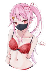 Rule 34 | 1girl, absurdres, arm behind back, blush, bra, breasts, cropped legs, haggy, hair between eyes, hair ornament, hair ribbon, hairclip, harusame (kancolle), highres, kantai collection, long hair, mask, medium breasts, mouth mask, panties, pink hair, ponytail, red bra, red eyes, red panties, ribbon, side ponytail, sidelocks, simple background, solo, twitter username, underwear, white background