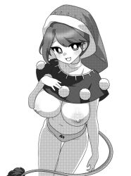 Rule 34 | 1girl, :3, blush, breasts, bright pupils, capelet, commentary, doremy sweet, feet out of frame, greyscale, hat, large breasts, leaning forward, looking at viewer, medium bangs, monochrome, naked capelet, navel, nightcap, nipples, onkn sxkn, open mouth, panties, pom pom (clothes), short hair, simple background, smile, solo, standing, tail, tapir tail, touhou, underwear, white pupils