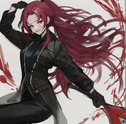 Rule 34 | 1girl, arm up, black coat, black gloves, black pants, black shirt, blood, chuhaibane, cigarette, coat, e.g.o (project moon), gloves, grey background, grin, high ponytail, highres, holding, holding sword, holding weapon, kali (project moon), library of ruina, long hair, pants, parted bangs, project moon, red hair, scar, scar on face, shirt, sidelocks, simple background, smile, solo, sword, very long hair, weapon