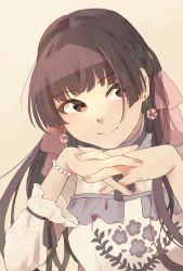 Rule 34 | 1girl, black ribbon, blunt bangs, bow, braid, brown background, brown eyes, brown hair, close-up, closed mouth, commentary, dress, earrings, embroidery, hair bow, hair over one eye, highres, idolmaster, idolmaster shiny colors, jewelry, light blush, long hair, looking away, mayuzumi fuyuko, nail polish, neck ribbon, otako (ahw0jwkbzah7gpn), pink bow, pink nails, ribbon, side braid, simple background, smile, solo, steepled fingers, straylight (idolmaster), upper body, white dress