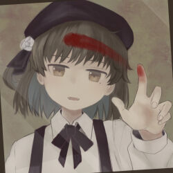Rule 34 | 1girl, against fourth wall, archived source, beret, black hat, black ribbon, blood, blood on hands, border, brown background, brown border, brown hair, collared shirt, colored inner hair, flower, grey hair, hair flower, hair ornament, hair ribbon, half-closed eyes, hand up, hat, hatoba tsugu, head tilt, index finger raised, kakashika, light smile, looking at viewer, mole, mole under eye, multicolored hair, neck ribbon, no sclera, open mouth, ribbon, rose, shirt, single hair ring, smeared blood, solo, third-party source, tsugu (vtuber), upper body, virtual youtuber, white flower, white rose, white shirt