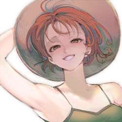 Rule 34 | 1girl, arm up, bad id, bad pixiv id, blush, brown eyes, camisole, closed mouth, commentary, eyelashes, green camisole, grin, hand on headwear, hat, lips, looking at viewer, nami (one piece), one piece, orange hair, portrait, runa (nori31291404), short hair, simple background, sleeveless, smile, solo, spaghetti strap, straw hat, teeth, white background, wind