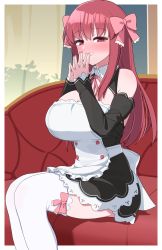 Rule 34 | 1girl, akitokage, blush, bow, breasts, couch, curtains, detached sleeves, dress, frilled dress, frills, hair bow, highres, large breasts, long hair, maid, on couch, original, pink bow, pink ribbon, red hair, ribbon, silhouette, sitting, smile, steepled fingers, thighhighs, white thighhighs