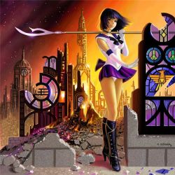 Rule 34 | 1990s (style), bishoujo senshi sailor moon, boots, city, glaive (polearm), panties, polearm, realistic, ruins, sailor saturn, skirt, skyline, smile, stained glass, sunset, tomoe hotaru, underwear, weapon
