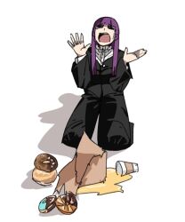 Rule 34 | 1girl, accident, bag, black dress, closed eyes, coffee, contemporary, cup, disposable cup, distress, doughnut, dress, fern (sousou no frieren), food, full body, kneeling, long dress, long hair, long sleeves, open mouth, paper bag, perutore, purple hair, sidelocks, simple background, solo, sousou no frieren, spill, tears, white background