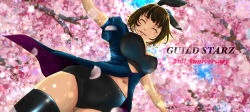 Rule 34 | 1girl, animal ears, black bra, black shorts, black thighhighs, blue shirt, bra, breasts, brown hair, cherry blossoms, chi wa, cleavage, closed eyes, day, from below, guildstars, large breasts, lens flare, micro shorts, open clothes, open shirt, outdoors, outstretched arms, parted lips, petals, rabbit ears, shirt, short hair, short shorts, short sleeves, shorts, solo, thighhighs, unbuttoned, unbuttoned shirt, underwear
