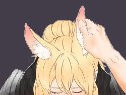 Rule 34 | 1girl, animal ear fluff, animal ears, arknights, blonde hair, closed eyes, commentary request, hand on another&#039;s head, highres, horse ears, nearl (arknights), reindkk, simple background