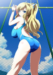 Rule 34 | 10s, 1girl, alternate hairstyle, annoyed, ass, blonde hair, blue eyes, boku wa tomodachi ga sukunai, breasts, butterfly hair ornament, chain-link fence, competition swimsuit, fence, from behind, from below, hair ornament, impossible clothes, impossible swimsuit, ishizu kayu, kashiwazaki sena, large breasts, long hair, looking back, one-piece swimsuit, ponytail, solo, swimsuit