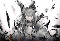 Rule 34 | 1girl, animal ears, arknights, cape, closed mouth, frostnova (arknights), grey eyes, grey hair, hair over one eye, head tilt, highres, long hair, looking at viewer, originium arts (arknights), rabbit ears, rabbit girl, remsrar, scar, scar on face, scar on nose, smile, solo, upper body, white cape