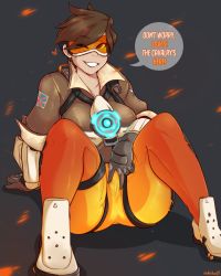 Rule 34 | 1girl, bad id, bad tumblr id, bodysuit, breasts, brown hair, chikkibug, goggles, grin, highres, large breasts, looking at viewer, one eye closed, overwatch, overwatch 1, short hair, smile, solo, spread pussy under clothes, tracer (overwatch)