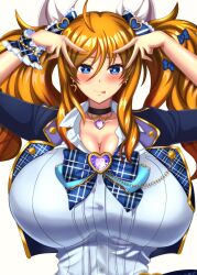Rule 34 | 1girl, absurdres, black choker, blonde hair, blue eyes, blush, breasts, choker, cleavage, frills, highres, huge breasts, jewelry, nado.e, onizaki kirara, oshi no ko, parody, simple background, solo, star-shaped pupils, star (symbol), symbol-shaped pupils, taimanin (series), taimanin rpgx, tongue, tongue out, twintails, upper body, v, white background