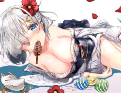 Rule 34 | 10s, 1girl, bag, bare legs, bare shoulders, blue eyes, breasts, cleavage, collarbone, eyebrows, flower, food, fox mask, glint, hair flower, hair ornament, hair over one eye, hamakaze (kancolle), japanese clothes, kantai collection, keepout, kimono, large breasts, lying, mask, mouth hold, off shoulder, on side, open clothes, open kimono, petals, red flower, sash, short hair, silver hair, simple background, solo, thighs, white background, yukata